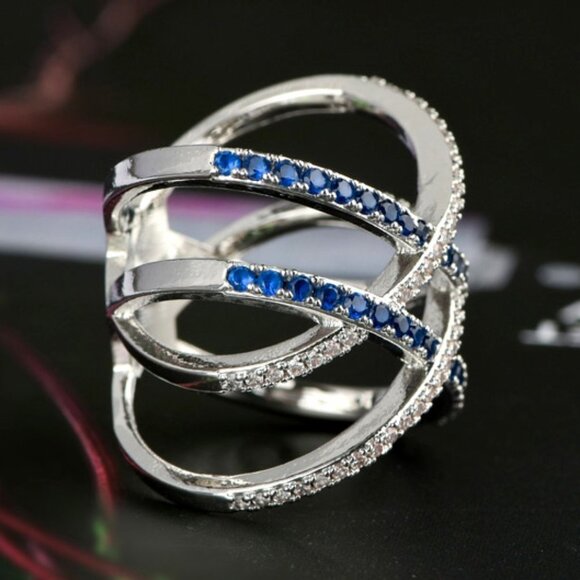 925 Silver Blue White Micro Pave Cross MultiLayer Ring for Women, VIP1… - Picture 6 of 6